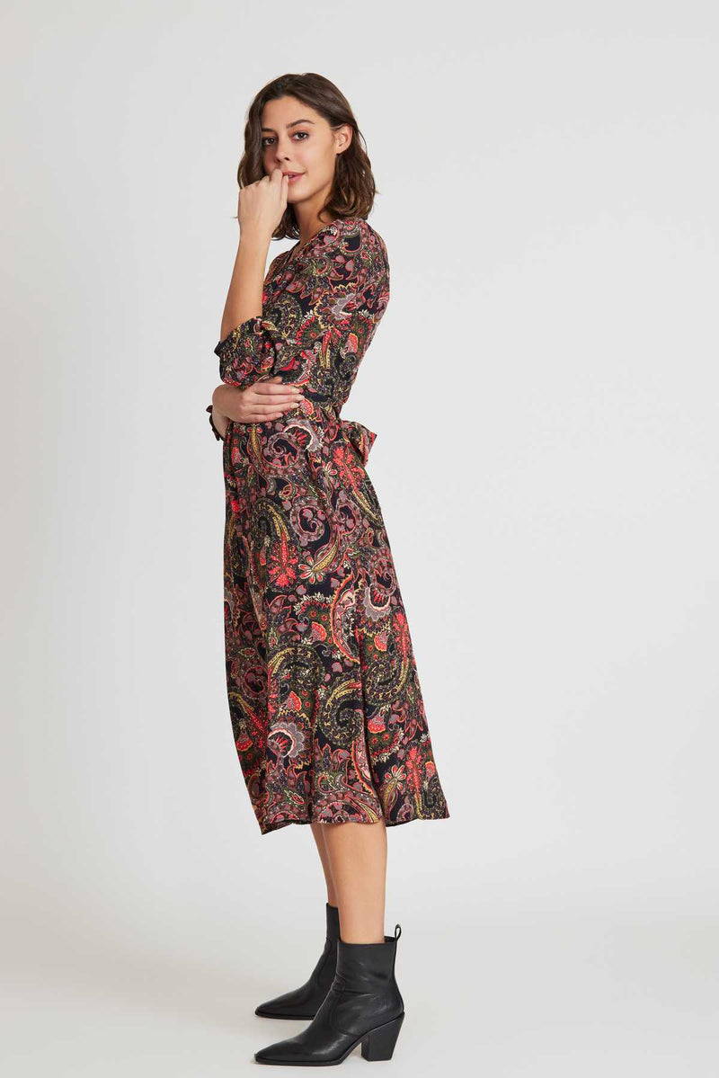 Robe midi col V en crêpe viscose imprimé SCULPTURE