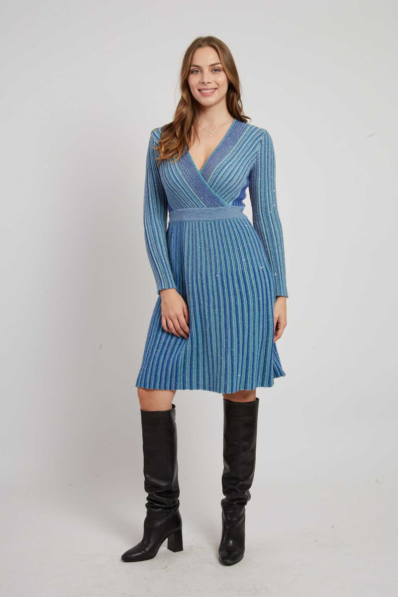 Robe courte col V manches longues en maille JENNY