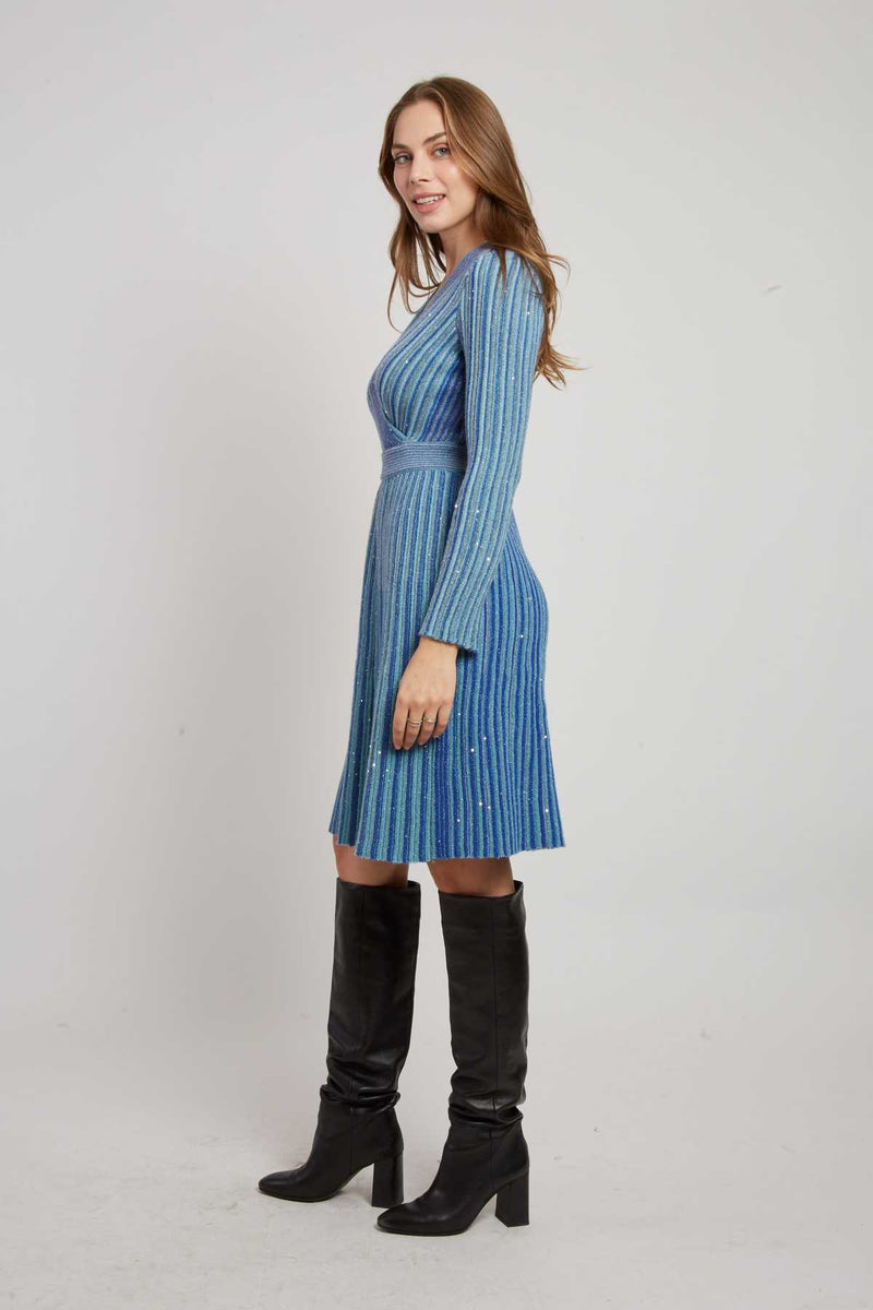 Robe courte col V manches longues en maille JENNY