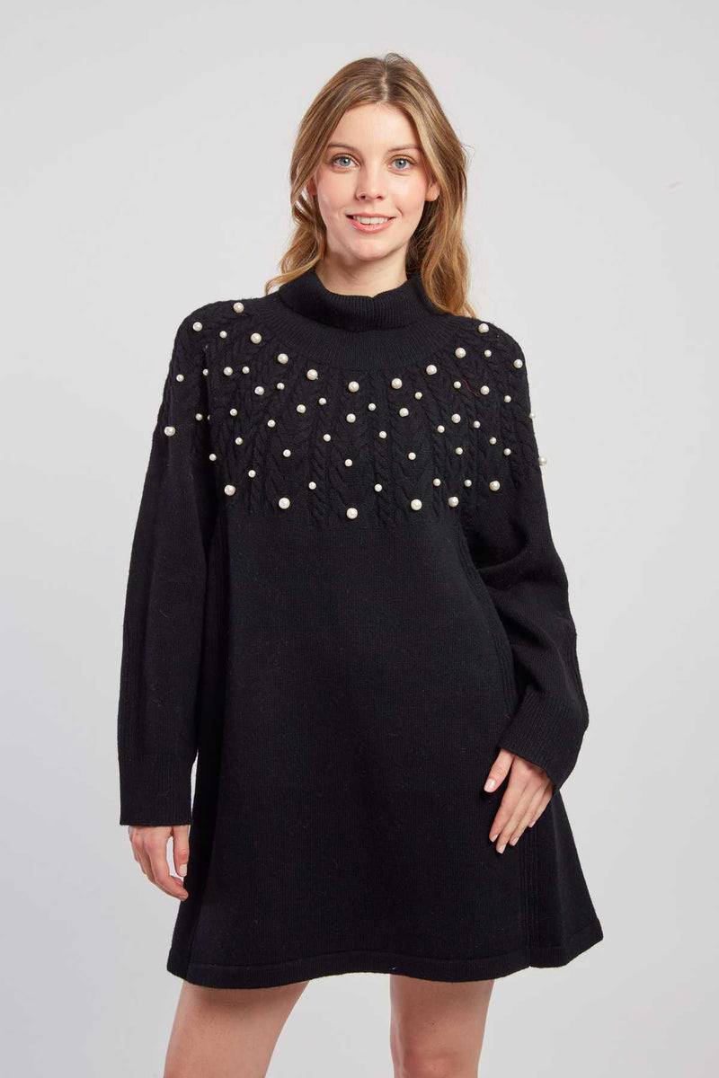 Robe pull col roulé unie avec perles JORIS