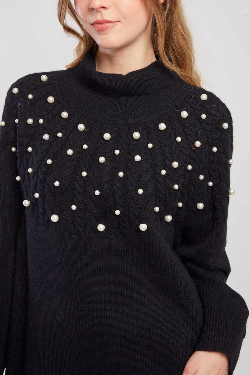 Robe pull col roulé unie avec perles JORIS