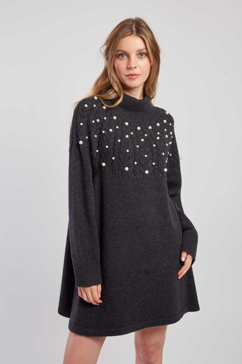 Robe pull col roulé unie avec perles JORIS