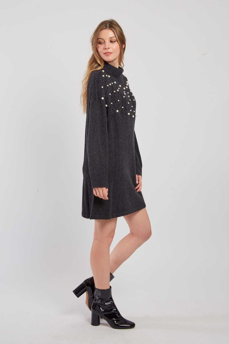 Robe pull col roulé unie avec perles JORIS