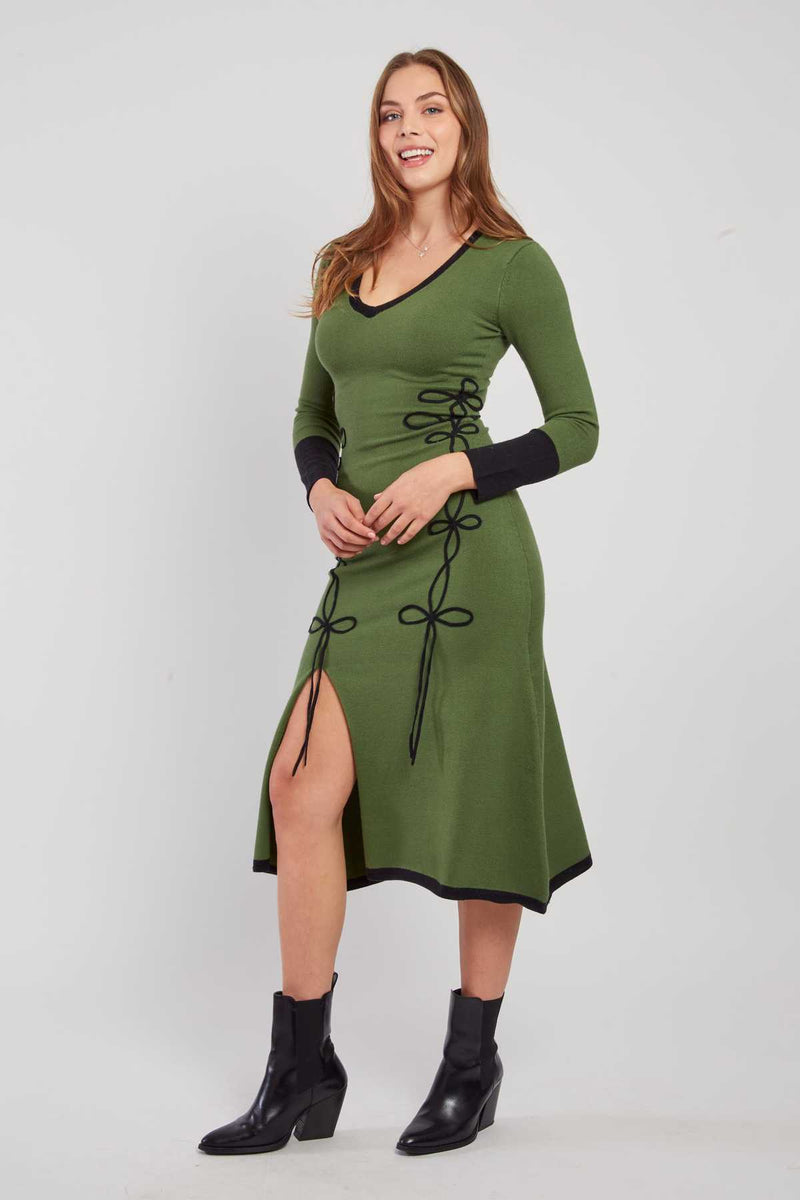 Robe mi-longue en maille bicolore col V JOSIE