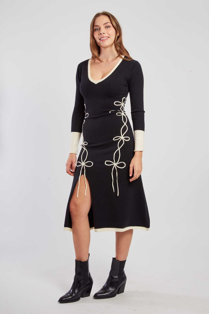 Robe mi-longue en maille bicolore col V JOSIE